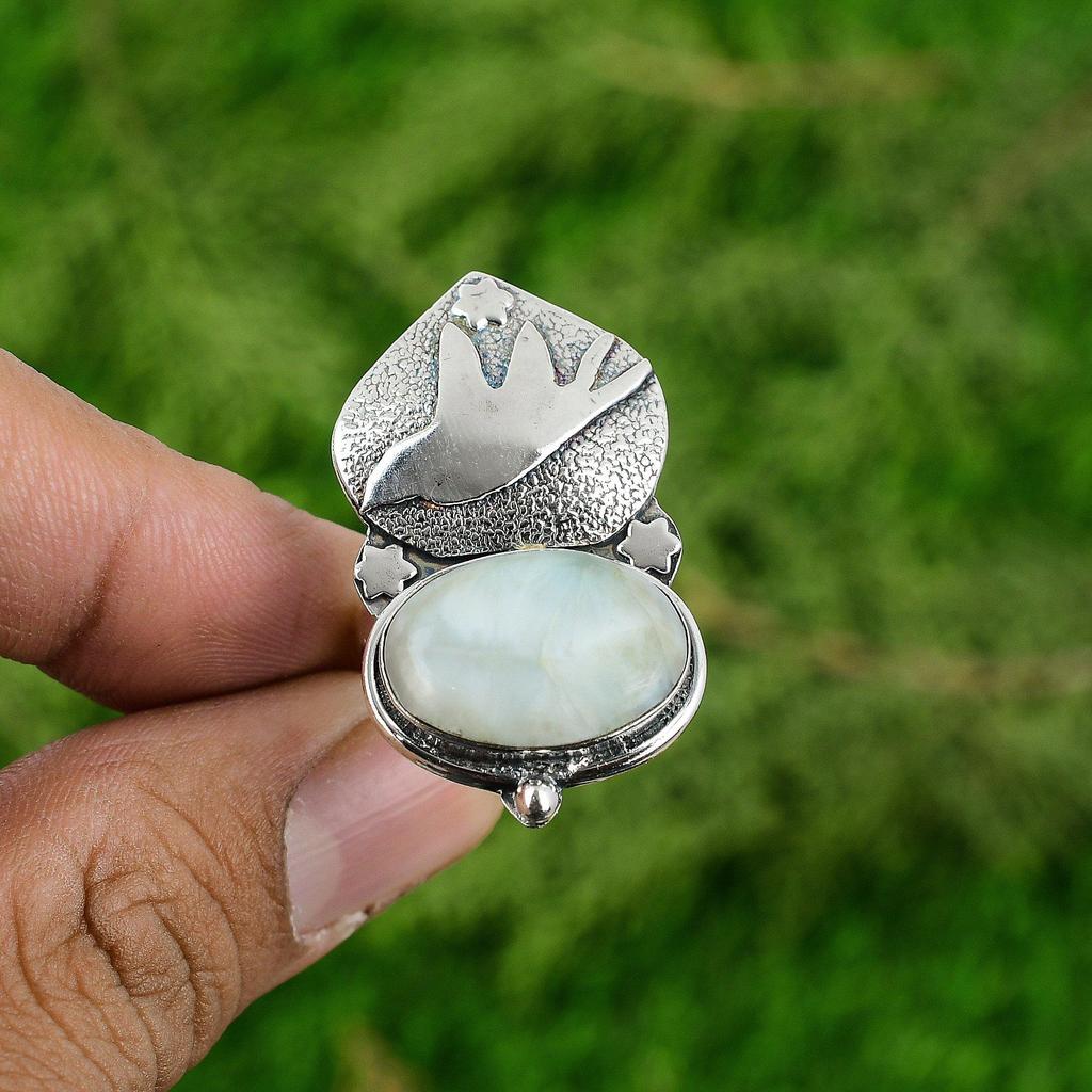 Womens day Sale 925 Silver Larimar Gemstone Bird Bezel Wife Promise Ring Jewelry