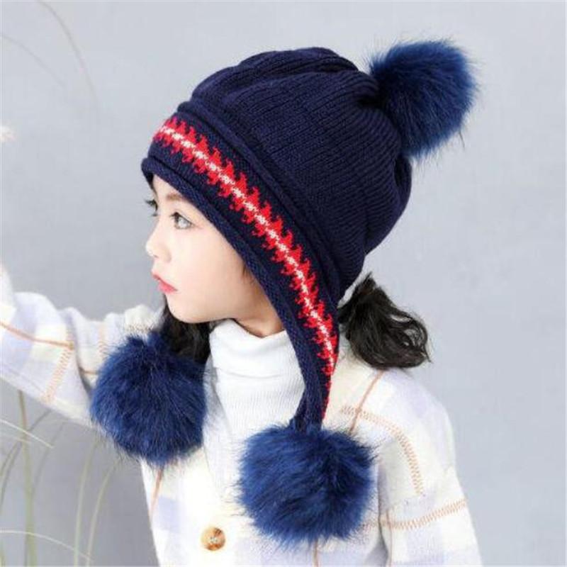 Kuz Qish Bolalar Chiroyli Qizlar Malika Shlyapalari Peluş Iliq Trikotaj Quloqni Himoya Qiluvchi Shlyapa Pompon bilan