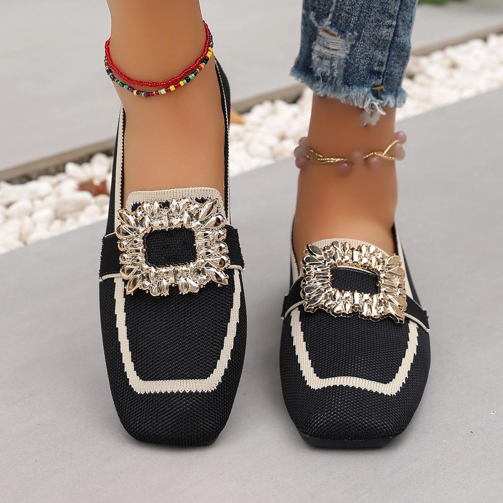 Fashion 2025 New Women Flats Spring New Large Size Flat Loafers Shoes Women Knitting Slip-on Square Head Breathable Shoes Women