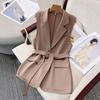 Women's Sleeveless Blazer Vest Button Lapel Collar Work Jacket Fall Casual Long Dressy Coat with Belt