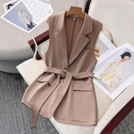 Women's Sleeveless Blazer Vest Button Lapel Collar Work Jacket Fall Casual Long Dressy Coat with Belt