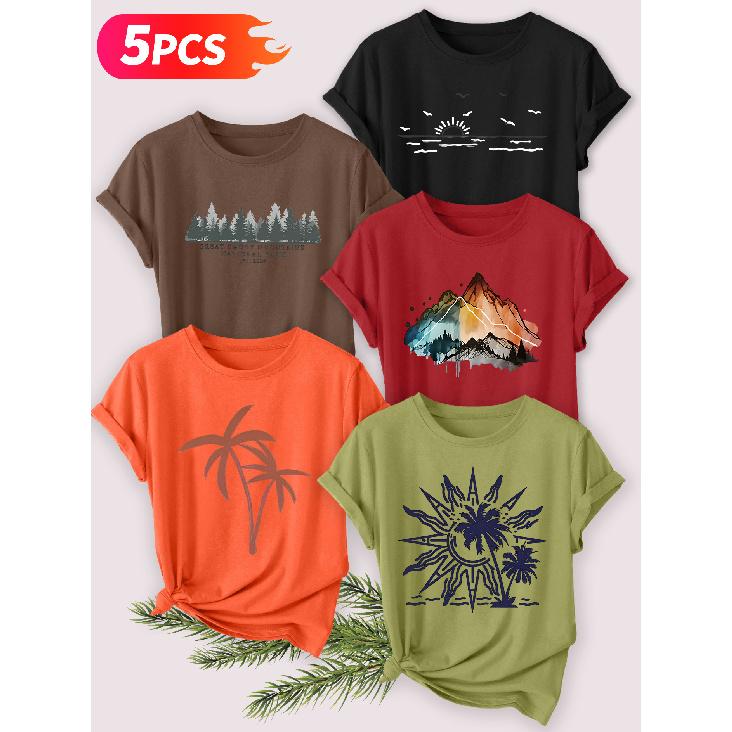 Five-piece set Elegant short-sleeved shirt for women Island Sunshine Series Printed Round Neck Women's Short Sleeve Shirt Suitable for Spring and