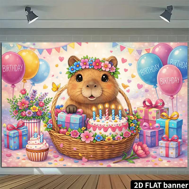 2D Flat Printing Capybara Birthday Backdrop for Girls' Party & Photo Shoot