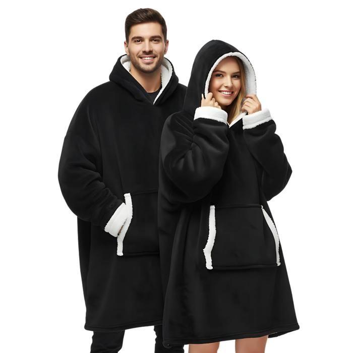 Plaid Pull Sweat à Manche et Capuche avec Poche – Taille Unique 118 x 85 cm Adulte Homme et Femme - Intérieur Sherpa - Coloris Noir
