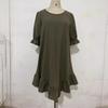Women's Vintage Cotton Linen Mid Sleeve Solid Colour Loose Round Neck Dresses