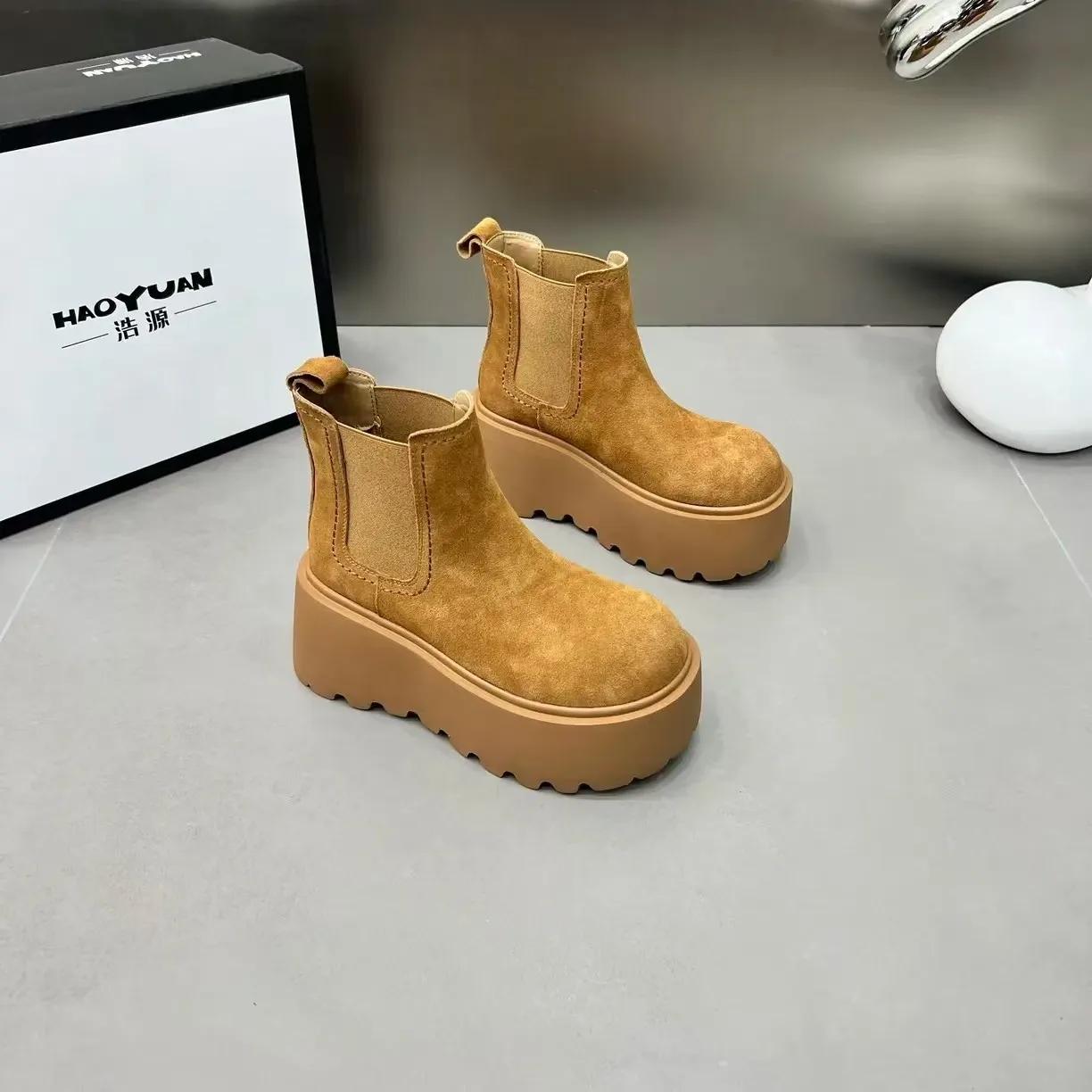 

Ботильоны на платформе для снега для женщин, замшевые туфли на плоской подошве, женская обувь 2024 года, тренд, готика, зима, новая классика, мода, мотоциклетные ботинки для женщин 40 верблюд