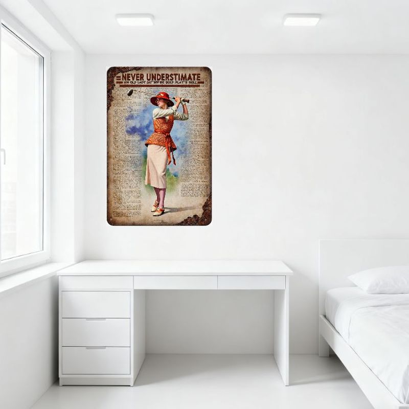 Vintage 1920s Lady Playing Golf Metal Tin Sign 'NEVER UNDERSTIMATE AN OLD LADY WHO CAN GOLF' Wall Decor for Home Man Cave Bar Cl
