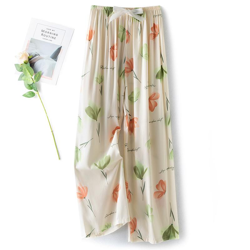 Pantaloni de pijama din bumbac mătase pentru femei, secțiune subțire de vară, anti-țânțari, pantaloni cu picior lat, culoare uni, pentru exterior, casă, petrecere a timpului liber, imprimeu, pantaloni de plajă până la genunchi