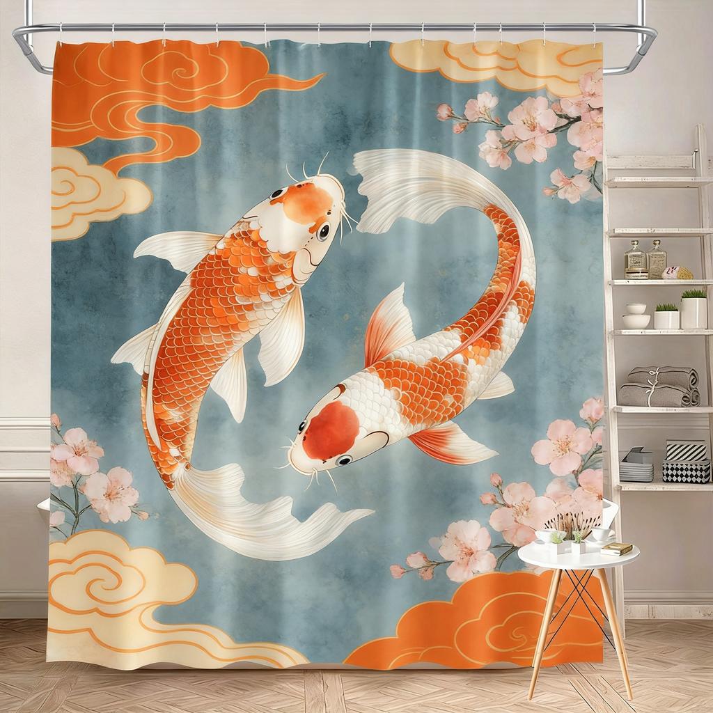 Luxury Golden Koi Fish with Cherry Blossoms Waterproof Shower Curtain for Feng Shui Bathroom Decor