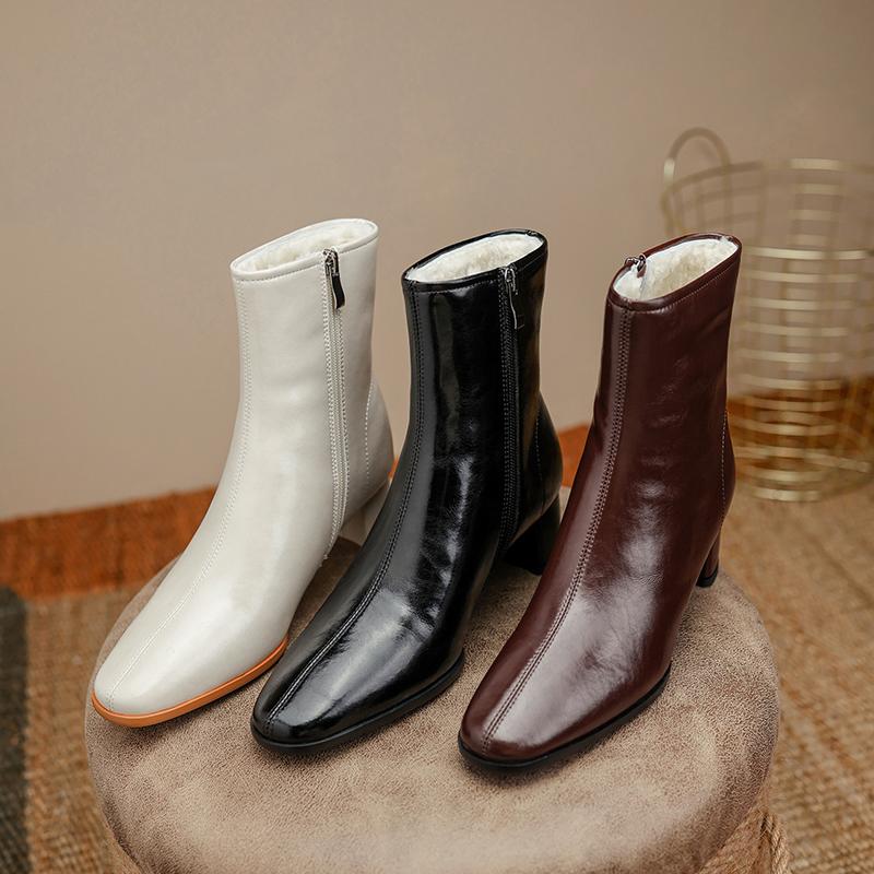 Women Winter Ankle Boots Natural Leather Cowhide Wool Full Leather Side Zip Modern Boots Warm Boots