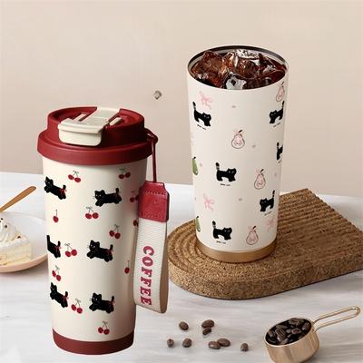 Floral Kitten Design 550Ml Dual-Drink Vacuum Insulated Cup, Large Capacity Portable 316 Stainless Steel Water Bottle