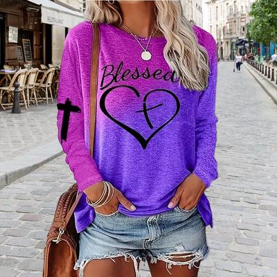Oberteile für Damen, Rundhalsausschnitt, Langarm-T-Shirt mit Kreuz-Liebesbrief-Print, Herbst, lässiger, schlanker Pullover, Langarm-Oberteil für Damen