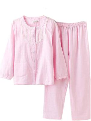 Gauze Long Front Cotton Top and Bottom Solid Perfect for Birthday XL S-Lifeeling Women's Double-Layer Pajamas, Sleeves, Opening, Set, Color,