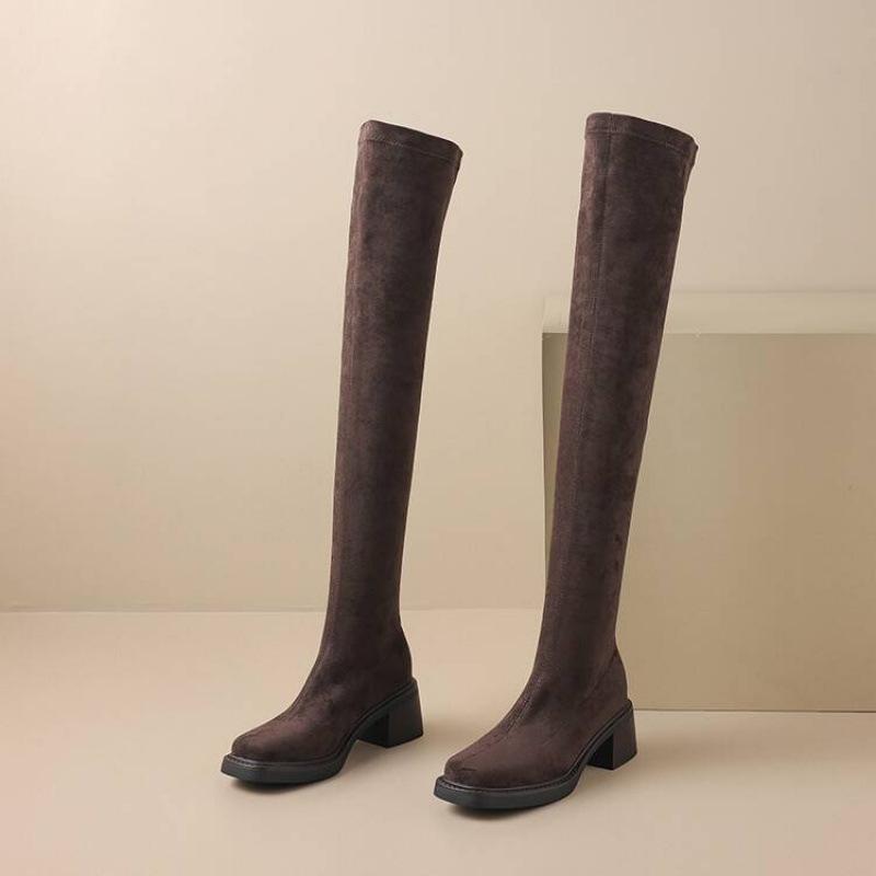 Autumn and winter women's suede over-knee boots medium heel large size women's boots square heel square head comfortable Korean version rubbe