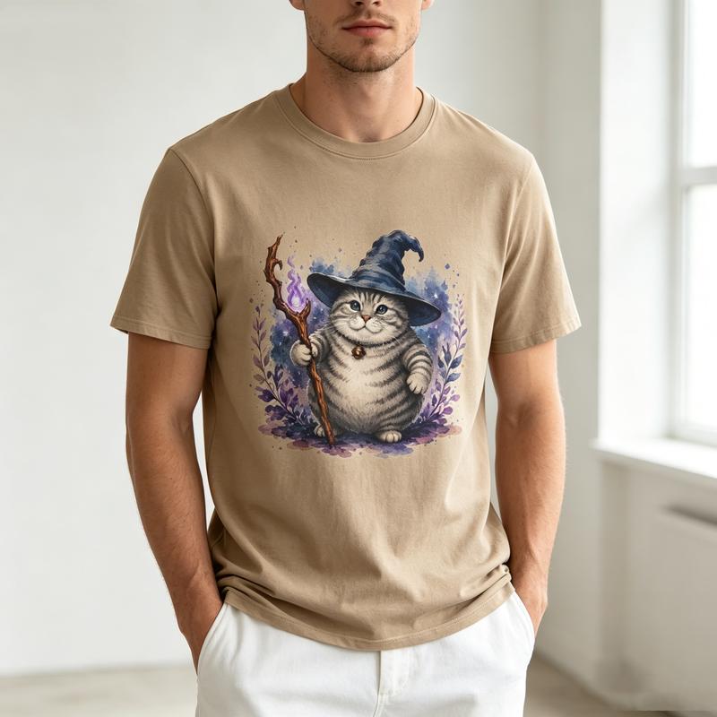 Wizard Cat Graphic T Shirt Magic Witch Cat Print Unisexs Unisexs 100 Cotton Crew Neck Casual Y2k Top Harajuku Oversized Tee