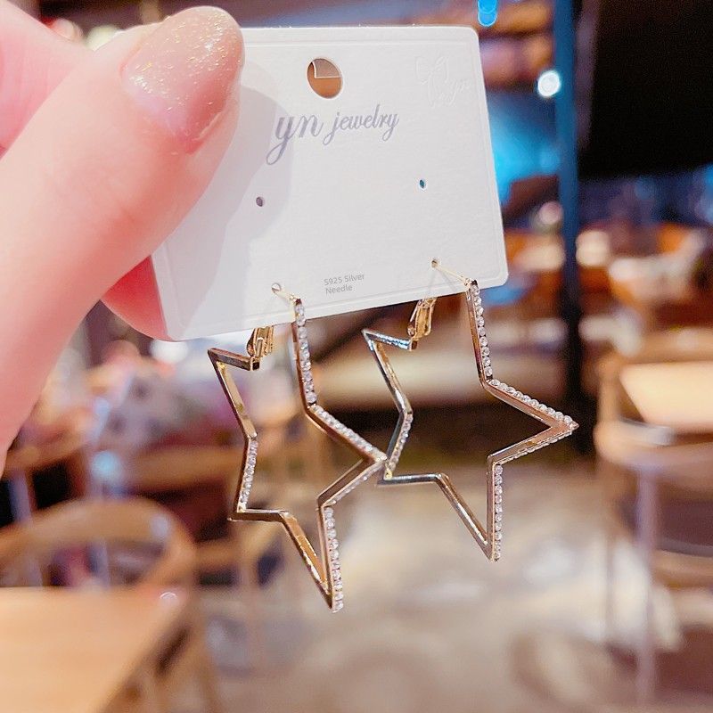 Cool Style Five-Pointed Star Female Sterling Silver Needle Personality Rhinestone