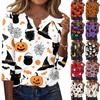 Women's Halloween Print V Neck Button Front Three Quarter Sleeve Casual T Shirt Top Lightweight Comfortable Fit