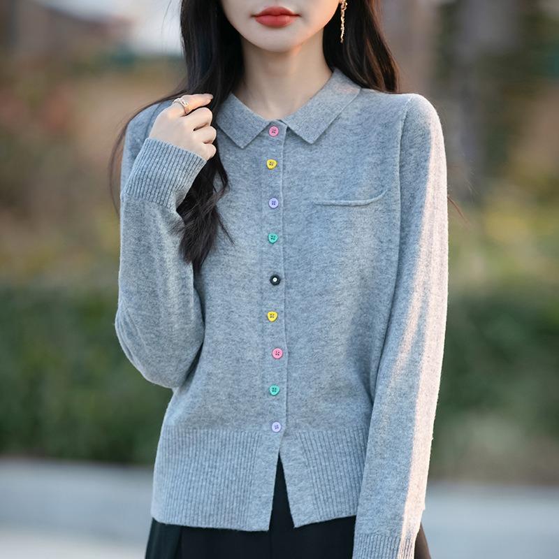 Frühlingsneuer Damen Strickcardigan Pullover, Damen POLO-Shirt, Kragen und langärmlig