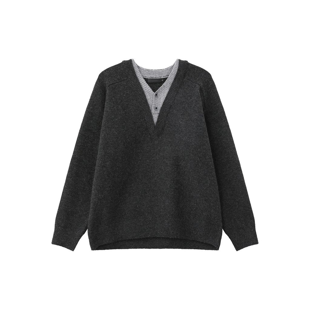 Men's Dark Grey V-Neck Faux Two-Piece Woolen Sweater, Winter Fashion, Trendy Old Money Style.