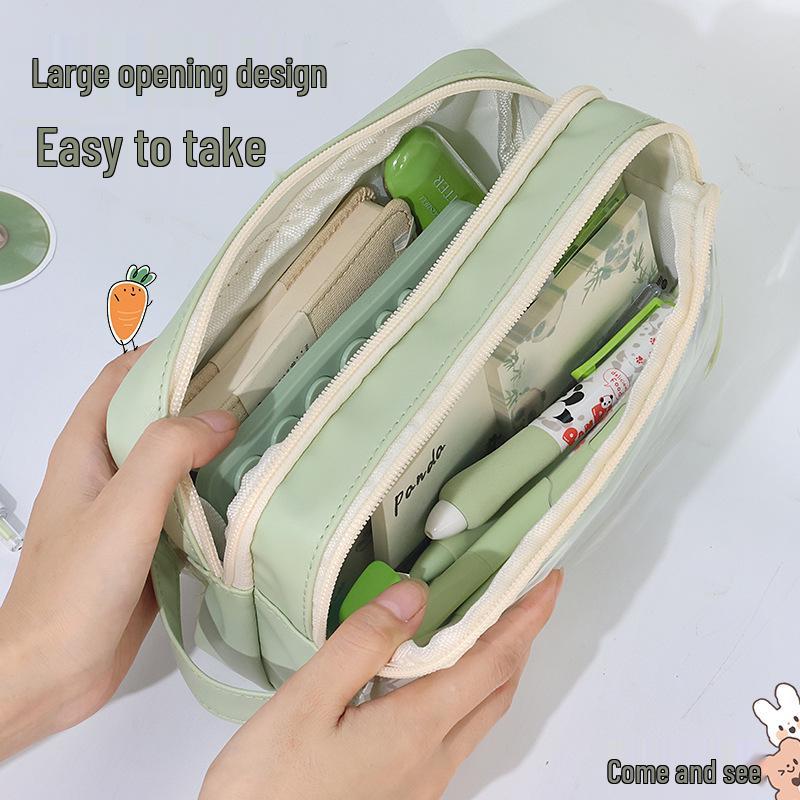 Three-Layer Large Capacity Transparent Pencil Case for Girls - Morandi Style for Students