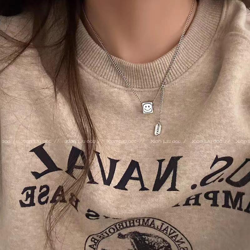 Chao Xiaobai 925 Sterling Silver Smiley Face Square Necklace | Light Luxury, Fashionable Clavicle Chain for Women