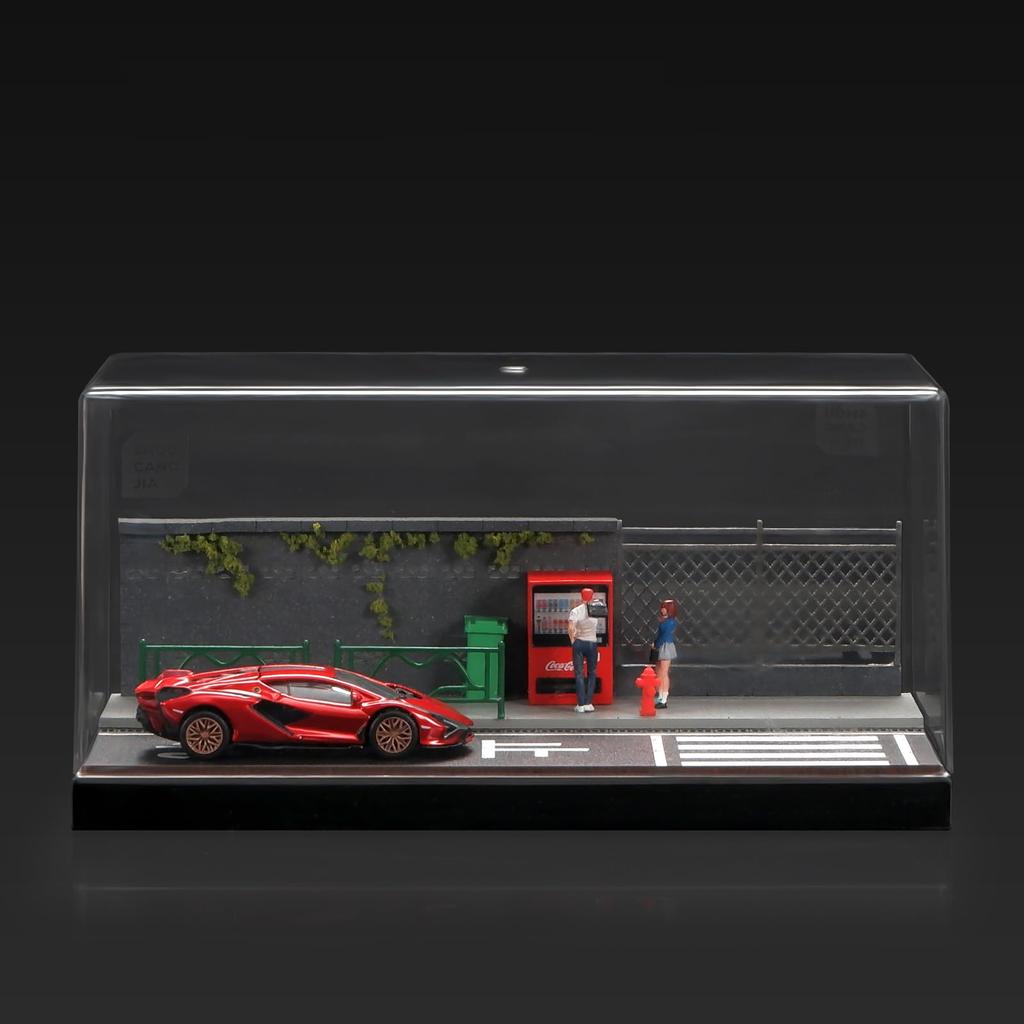 Shoucangjia Display Case for Tomica, Hot Wheels, Matchbox Cars 1:64 Scale Model Garage with Dust Cover, Street Fence Scene Diorama Parking Showcase
