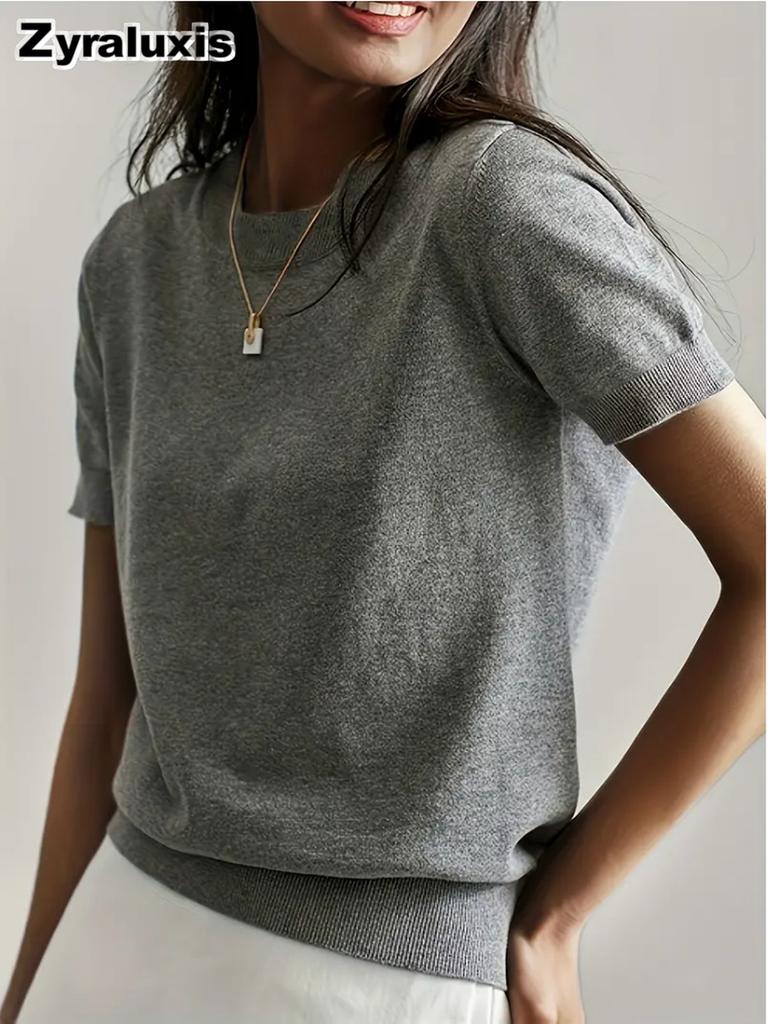 Women's Knitted Short Sleeve T-Shirt for Summer Casual Loose Pullover