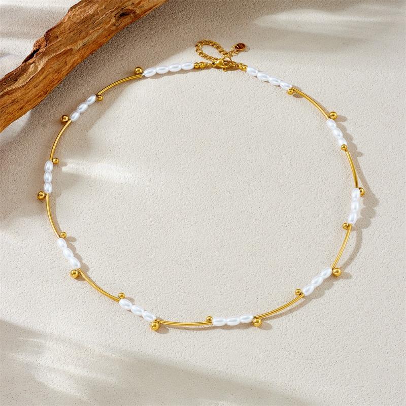 

Gold Plated Freshwater Pearl Choker Necklace, Dainty Bar Chain with Rice Pearl & Bead Pendants, Elegant Jewelry for Women Gift золотой