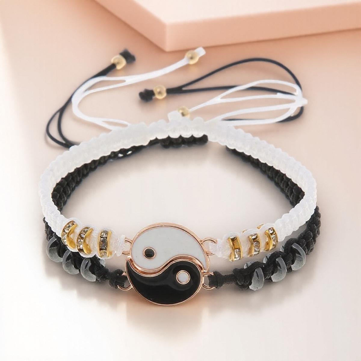 

2 шт. Регулируемые браслеты на расстоянии Инь-Ян для мужчин и женщин, Ювелирное украшение дружбы, Подарок, Белые и черные веревочные браслеты золотой