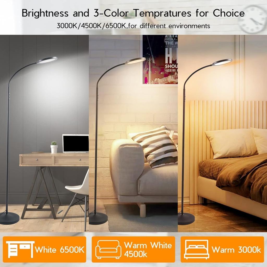 Dimmable LED Floor Lamp, Adjustable Gooseneck, Remote Control, Custom Color Temperature for Living Room, Bedroom, Office