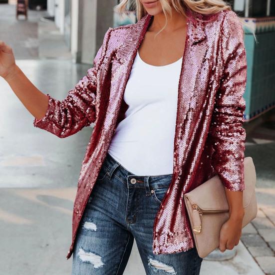 Kadın Ceket Uzun Kollu Hırka Gevşek Eşleşmesi Kolay Büyüleyici Turn-down Yaka Tek göğüslü Parlak Payet Büyüleyici Sonbahar Blazer Arkadaşlık için