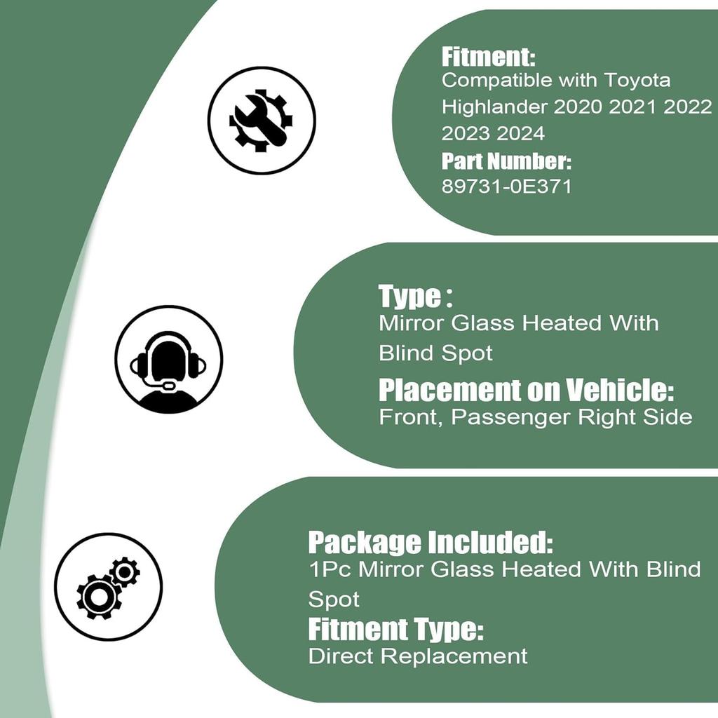 Right Passenger Side Mirror Glass Heat Blind Spot 89731-0E371 Compatible with Toyota Highlander 2020 2021 2022 2023 2024 Right Side Mirror Glass Rear