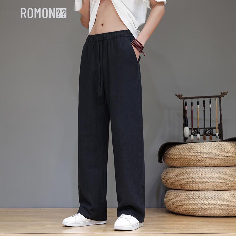ROMON Men's Straight Loose Fit Ramie Blend Casual Pants