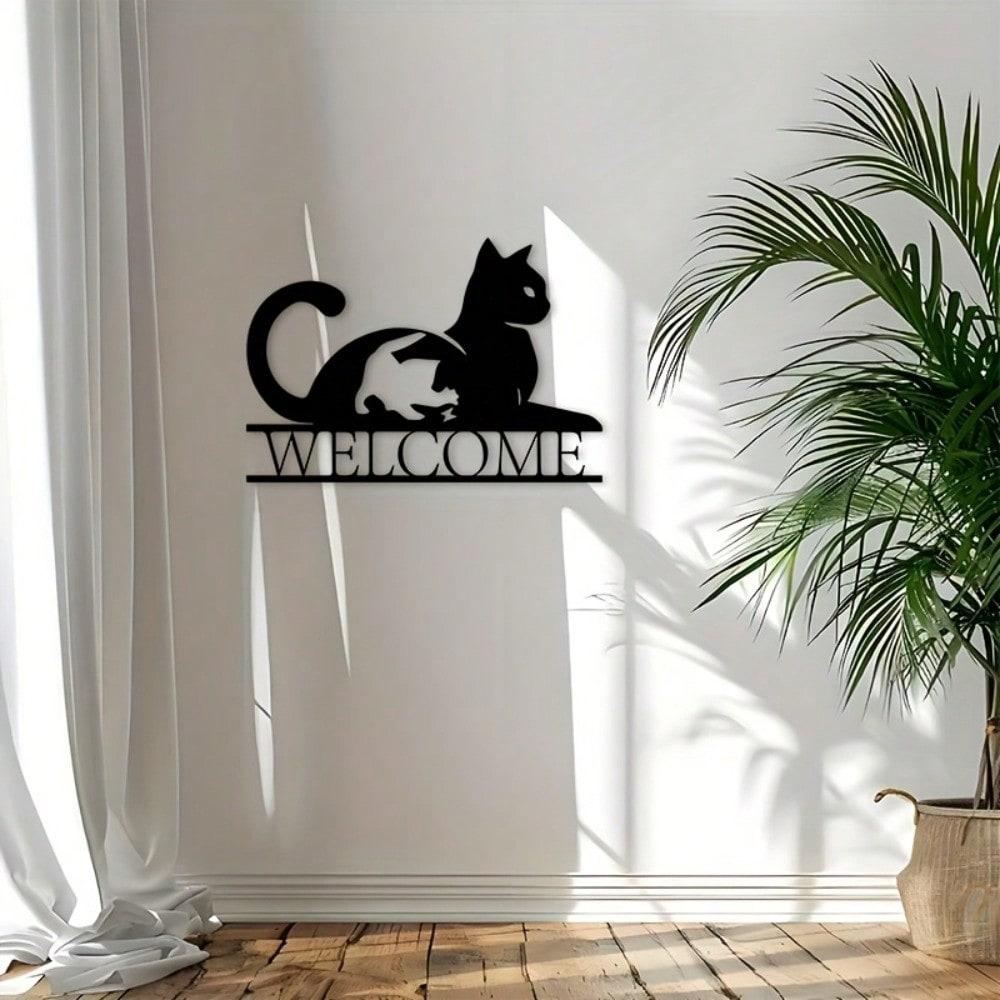 Modern Cat Welcome Sign Metal Wall Art Black Iron Plaque Pet Lovers Gift Housewarming