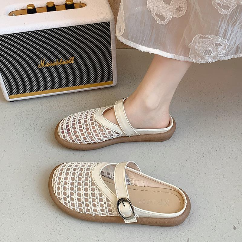 French Slippers Women's Bag Head Hollow Flat Bottom Cool Slippers Summer New Casual Half Slippers 2025 Fairy Style Shoes
