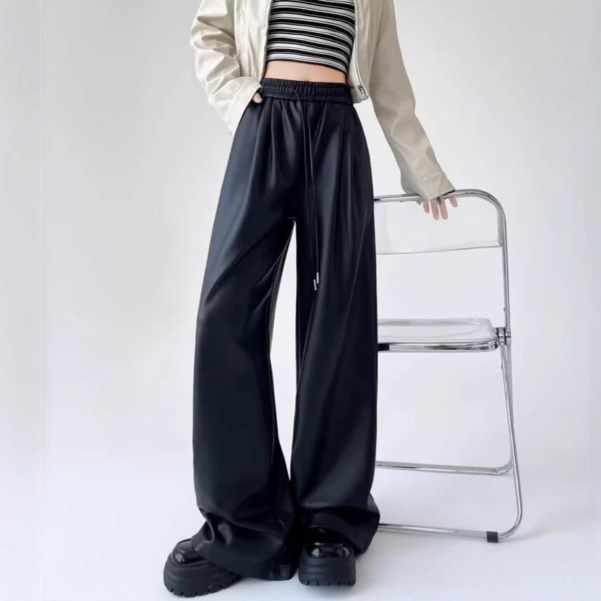 

Кофейные брюки из искусственной кожи с высокой талией и широкими штанинами: Женский осенне-зимний повседневный, свободный стиль до пола с прямыми штанинами. XL чёрный