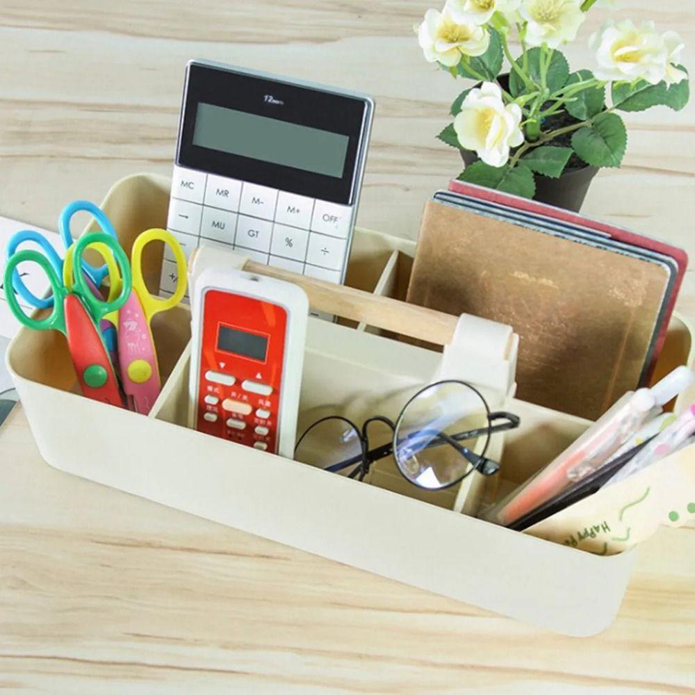 Wood Handle Desk Organizer Multi-compartment Desktop Storage Case Stationery Finishing Box  Makeup