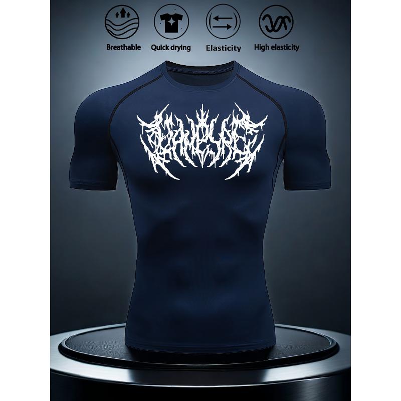 Men s Chest Black Metal Logo Print Compression Shirt High Elasticity Moisture Wicking Sportswear S