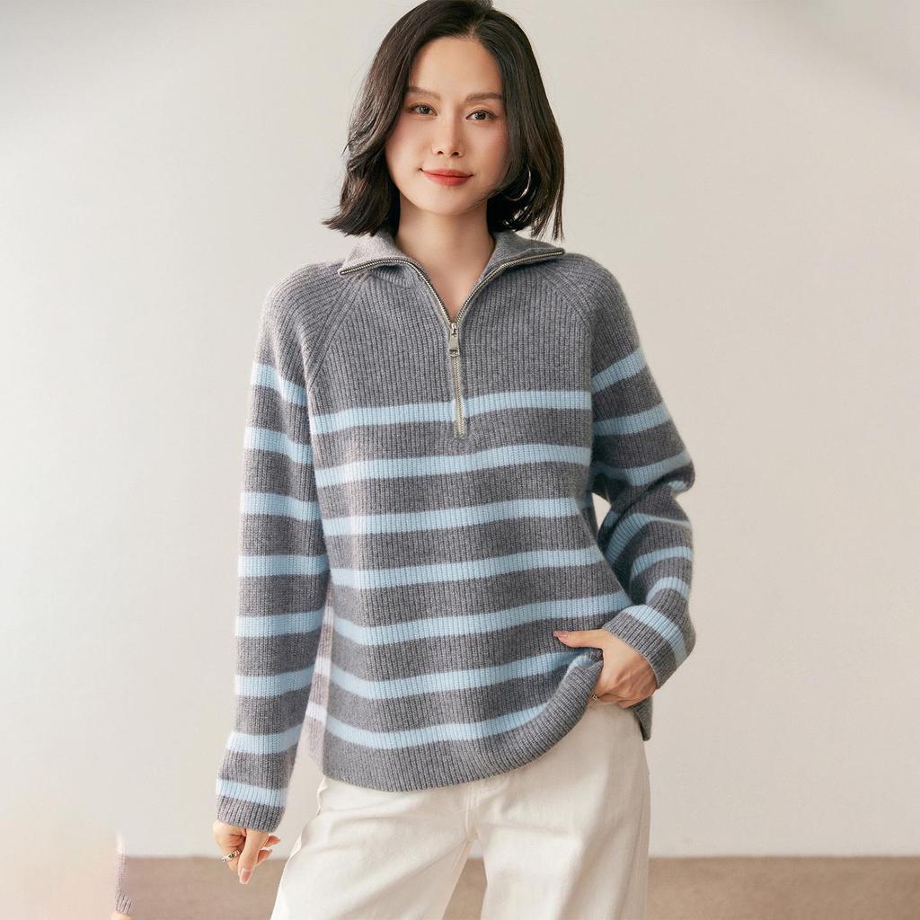 2026 Autumn Winter Women's Cashmere Half-High Collar Zipper Striped Knit Sweater