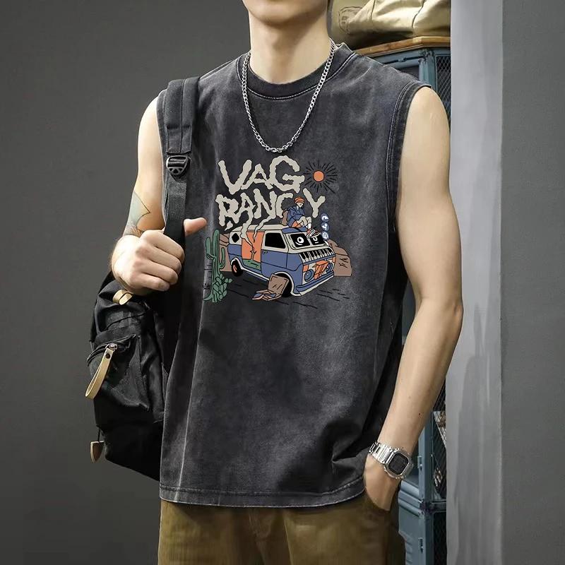 

Мужской жилет без рукавов Ретро Ретро Уличная одежда Плоская печать Синий Веер Кактус Пустыня Солнечный свет Хлопок Лето Мотоциклетная культура S