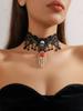 Vintage Black Lace Rose Necklace Bracelet Ring Set Women's Dinner Party, Dark Wind Neck Chain Bracelet
