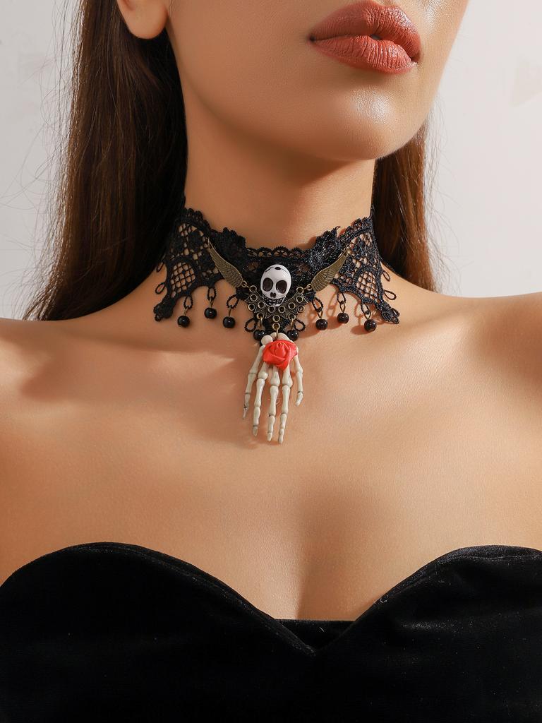 Vintage Black Lace Rose Necklace Bracelet Ring Set Women's Dinner Party, Dark Wind Neck Chain Bracelet