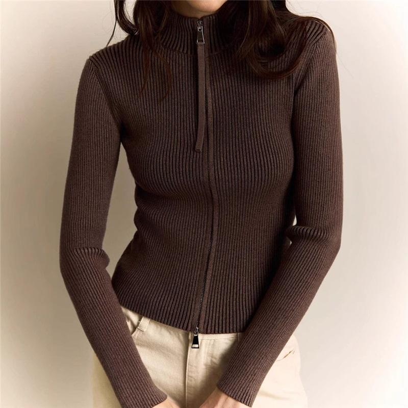 Women Zip Up Stand Collar Knit Top Slim Fit Long Sleeve Ribbed Knitwear Cropped Cardigan
