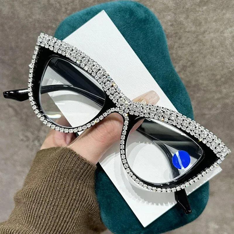Men Anti Blue Light Far Sight Eyeglasses Cat Eye Diamond Studded Reading Glasses Women Presbyopia Glasses