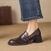 Krazing Pot Microfiber Round Toe Chunky Heels Spring Shoes Big Size 43 Street Wear Women Deep Mouth Vintage Pumps