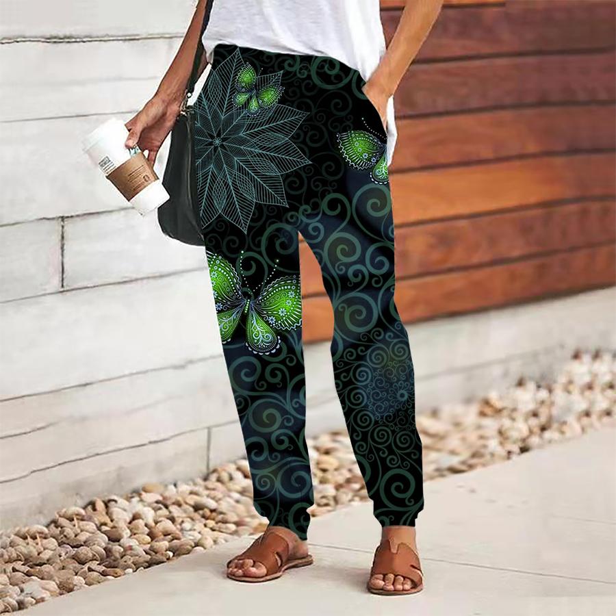 Women Retro Printing Pants Lace Up Elastic Waist Loose  Trousers Casual Long Pants Trousers with Pockets