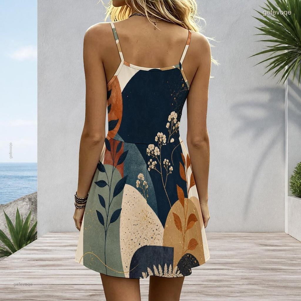 Women Plus Size V Neck Spaghetti Strap Blue White Tie Dye Patchwork Denim Short Dress