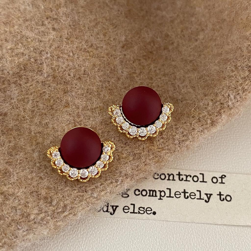 S925 silver needle niche huge good-looking lace lace red stud earrings French light luxury exquisite earrings