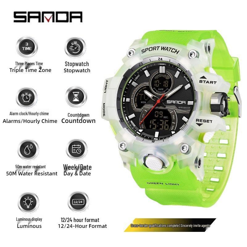 SANDA Waterproof Luminous Multifunction Sports Watch with Transparent Strap