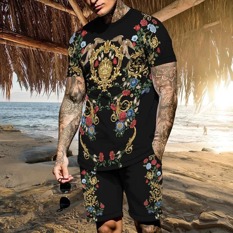 Summer Men's T-Shirt Set Gold Pattern 3D Print T-shirt Shorts 2-piece Set Elegant Casual Clothes Street Baroque T-shirt top